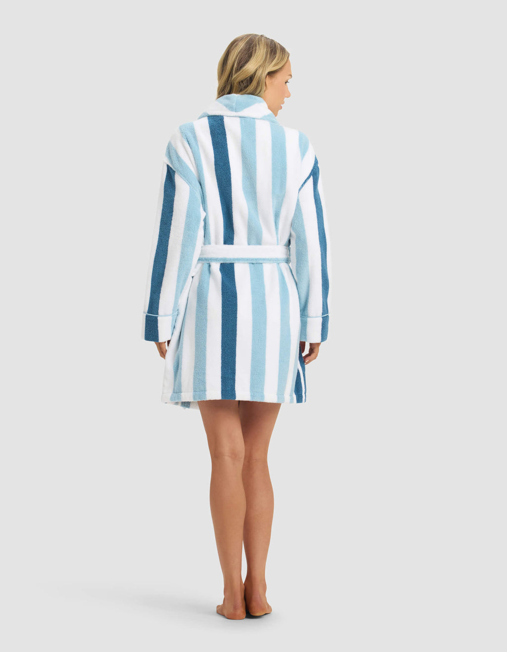 Blue White Striped Terry Robe — Women’s Short Shawl Collar Loungewear (1)
