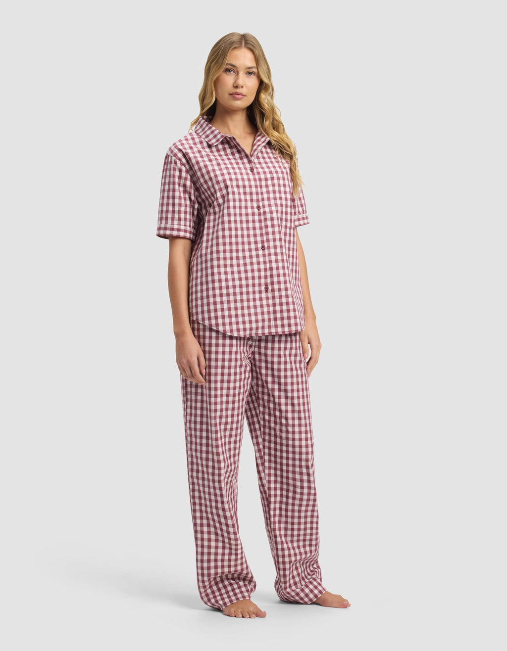 Burgundy White Gingham Pajama Set — Women's Short Sleeve Sleepwear