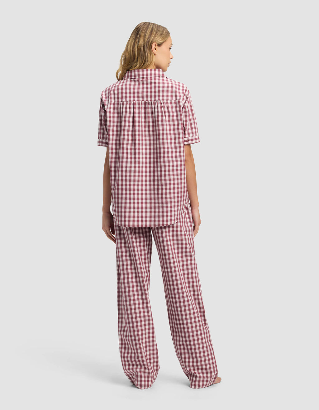 Burgundy White Gingham Pajama Set — Women’s Short Sleeve Sleepwear (1)