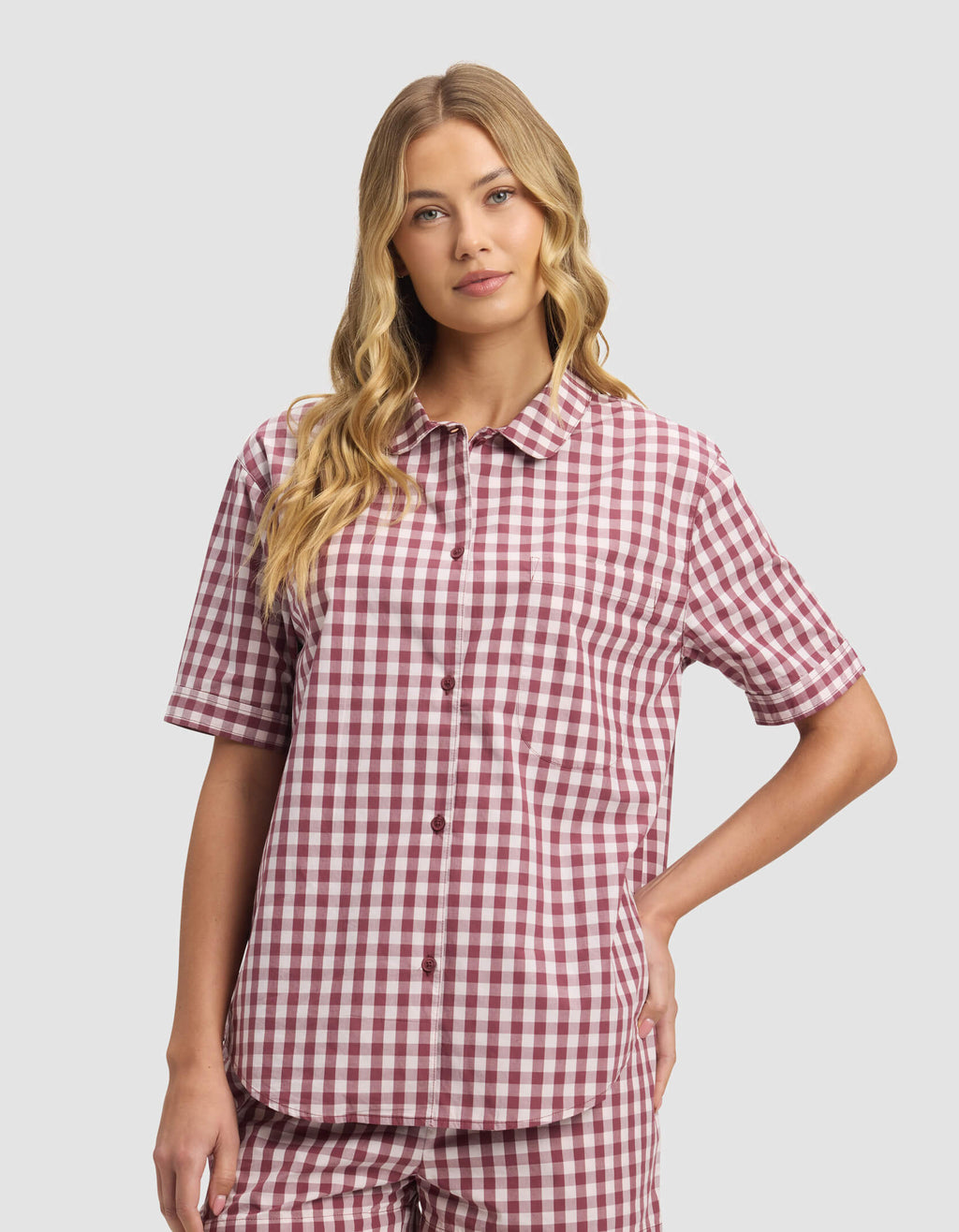 Burgundy White Gingham Pajama Set — Women’s Short Sleeve Sleepwear (1)