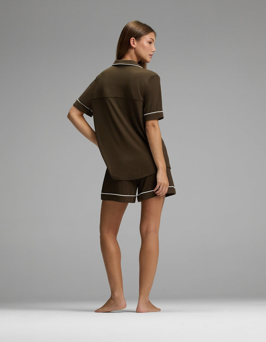 Coffee Brown Ribbed Knit Pajama Set — Women’s Short Sleeve Sleepwear (1)