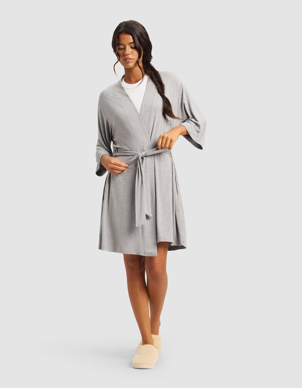 Heather Gray Knit Robe — Women's Short Wrap Loungewear with Pockets