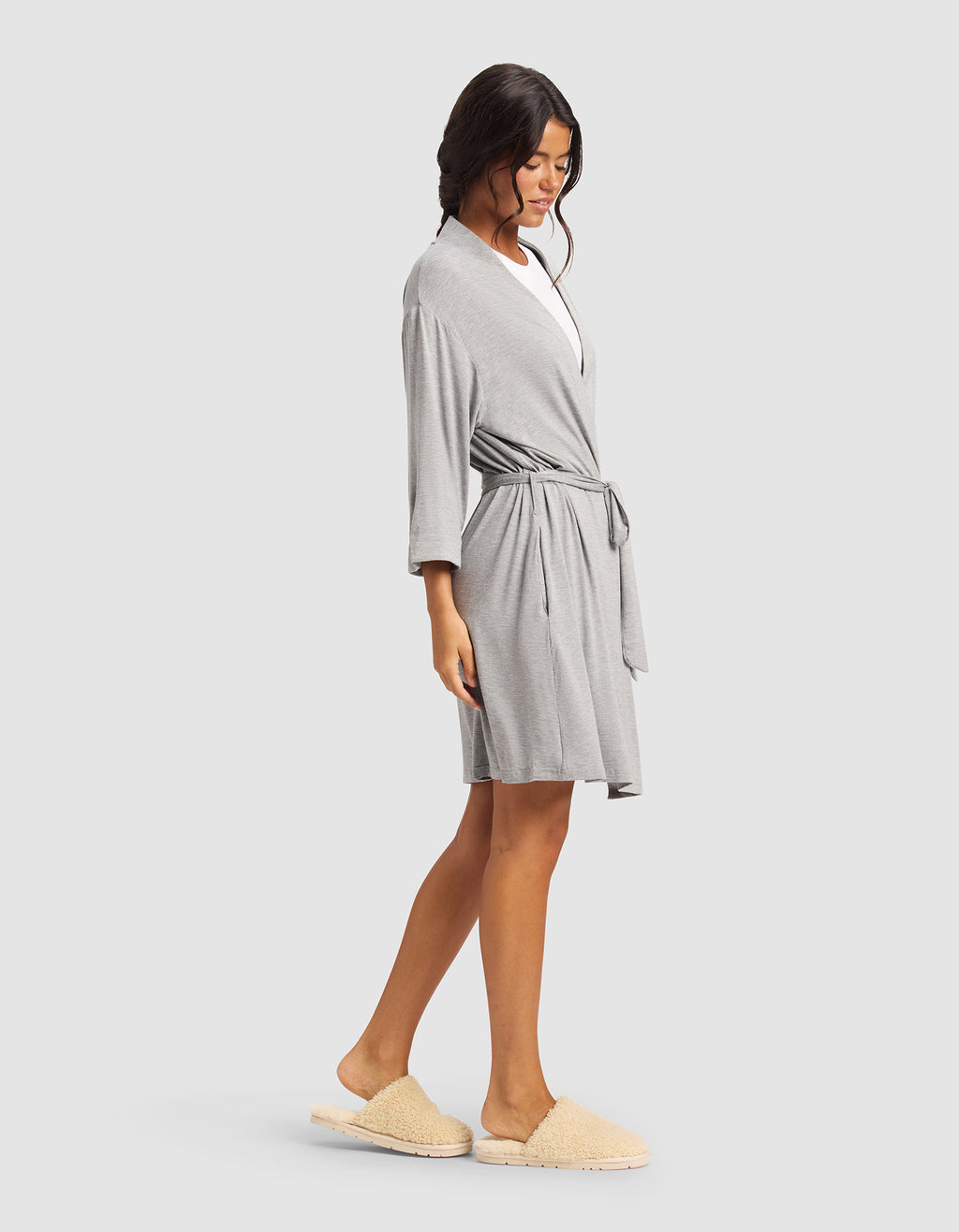 Heather Gray Knit Robe — Women’s Short Wrap Loungewear with Pockets (1)