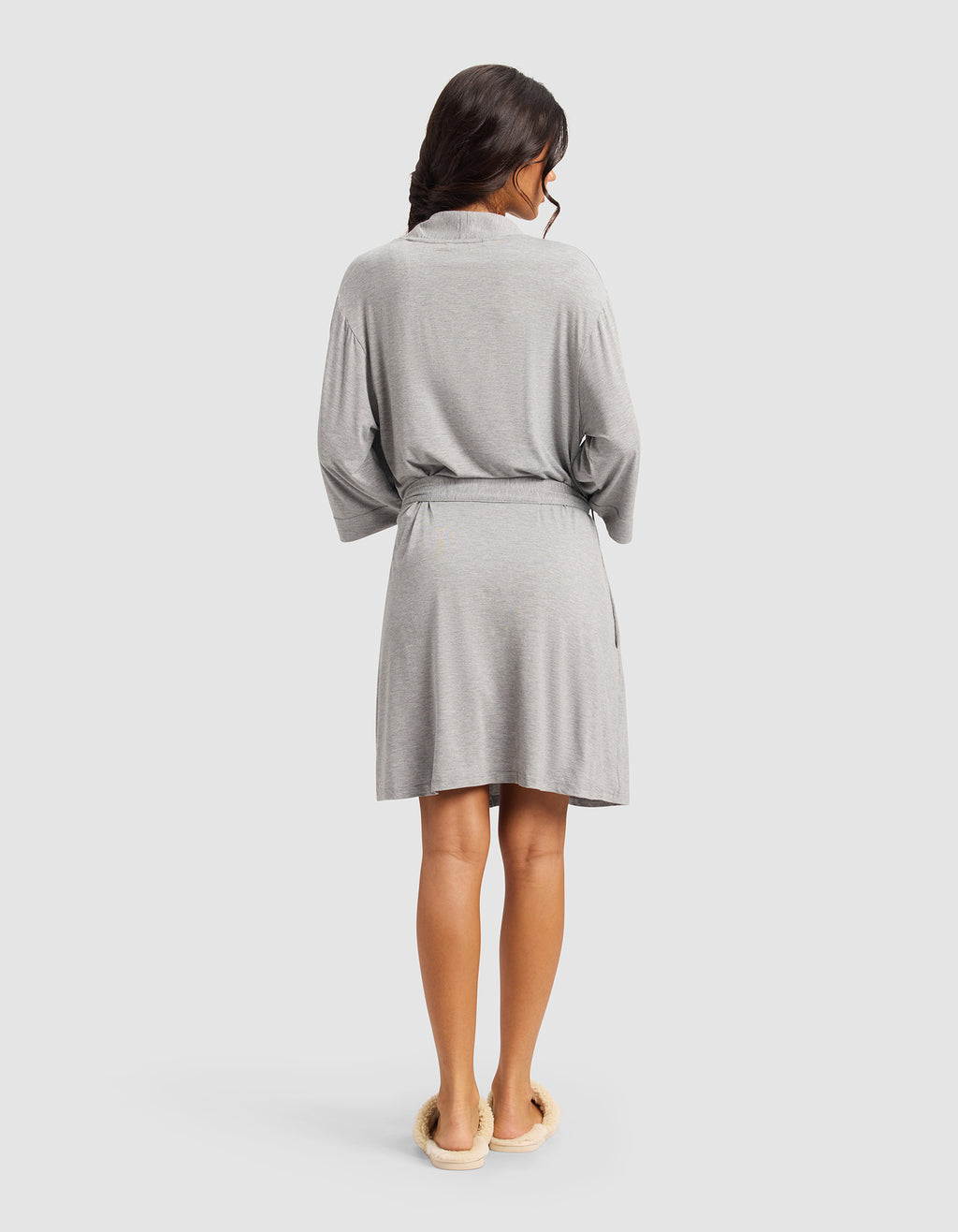 Heather Gray Knit Robe — Women’s Short Wrap Loungewear with Pockets (1)