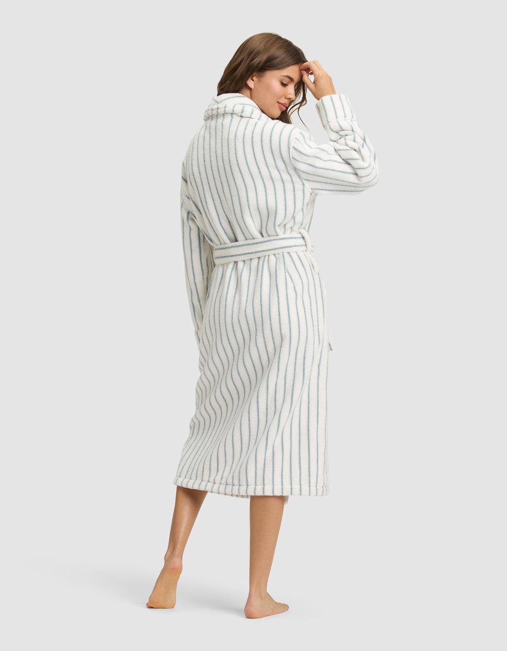 Ivory Sage Green Terry Robe — Women’s Long Striped Wrap Loungewear (4)