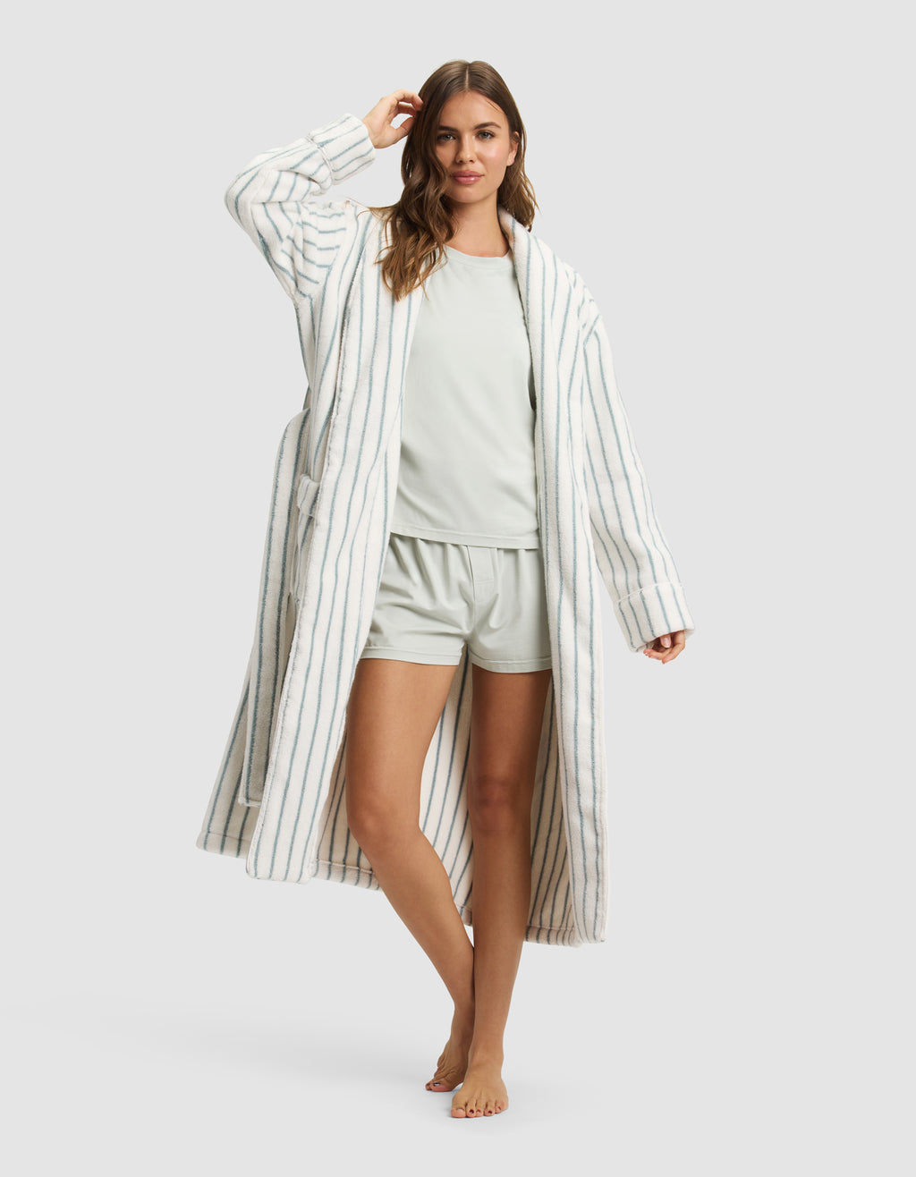 Ivory Sage Green Terry Robe — Women’s Long Striped Wrap Loungewear (4)