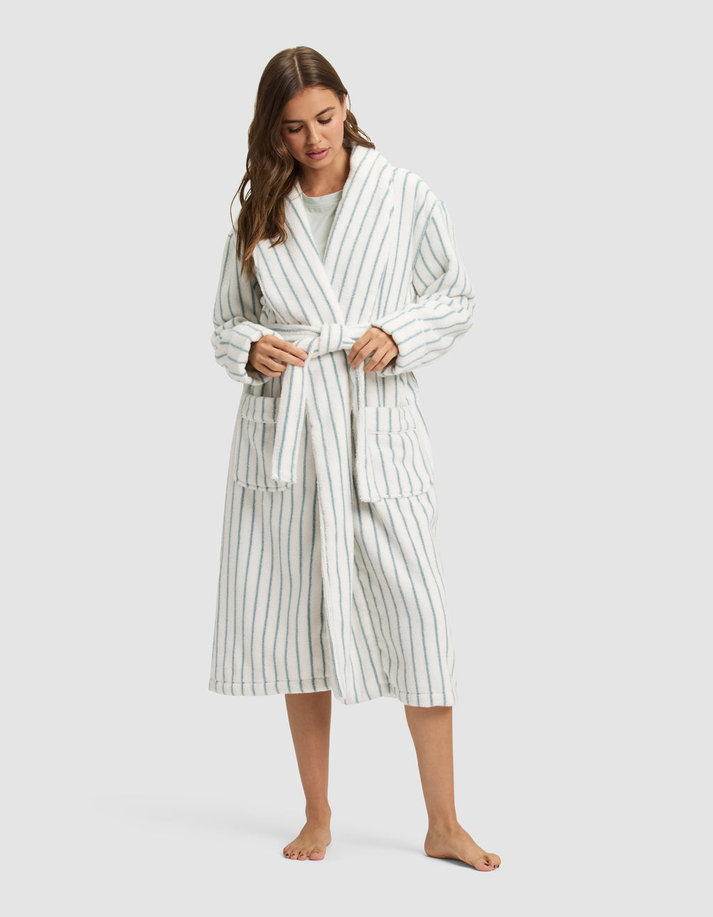 Ivory Sage Green Terry Robe — Women's Long Striped Wrap Loungewear